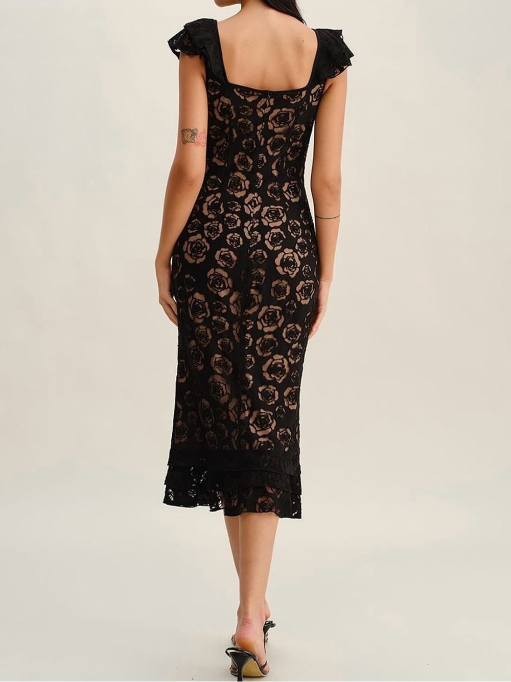 RIHOAS Black Floral Lace midi Dress large NWT Ruffles BodyCon cocktail party - Picture 4 of 16